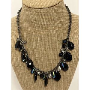 Coldwater Creek Necklace Black Aurora Borealis Faceted Glass Distressed Gunmetal